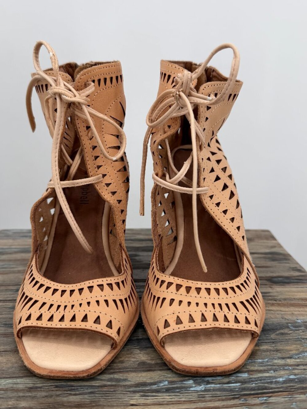 Jeffrey Campbell Tan Leather Cutout Wedge Heels Lace Up Peep Toe Size 7.5